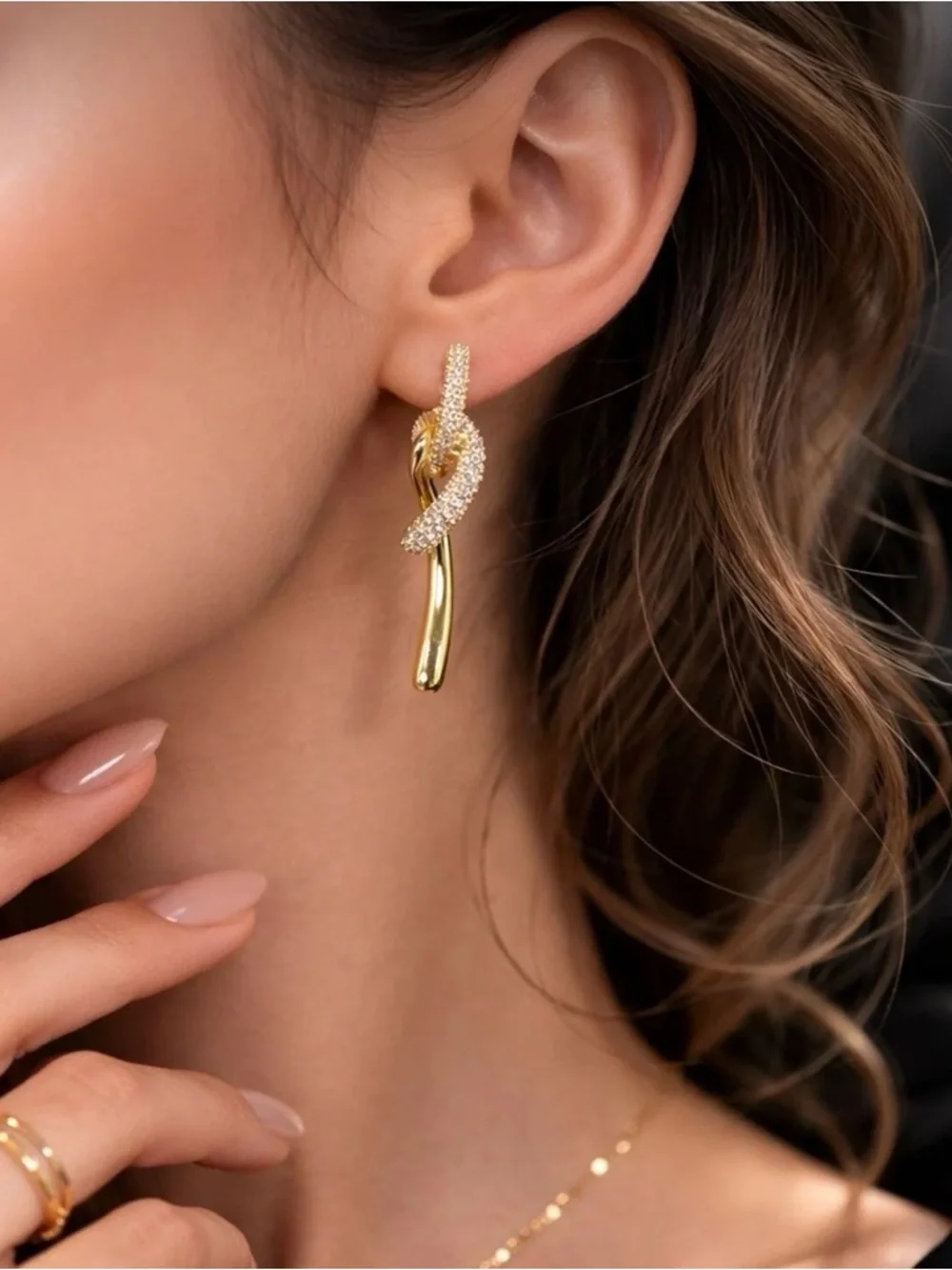 14K Gold Plated Pavé Zirconia Knot Drop Earrings Elegant Jewelry Water Resistant